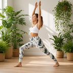 Leggings florais Prana Bloom em postura de guerreiro num estúdio de yoga com plantas