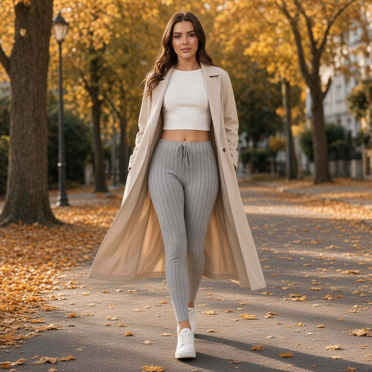 Leggings caneladas Ananda Daily cinzentas com casaco bege numa rua de outono