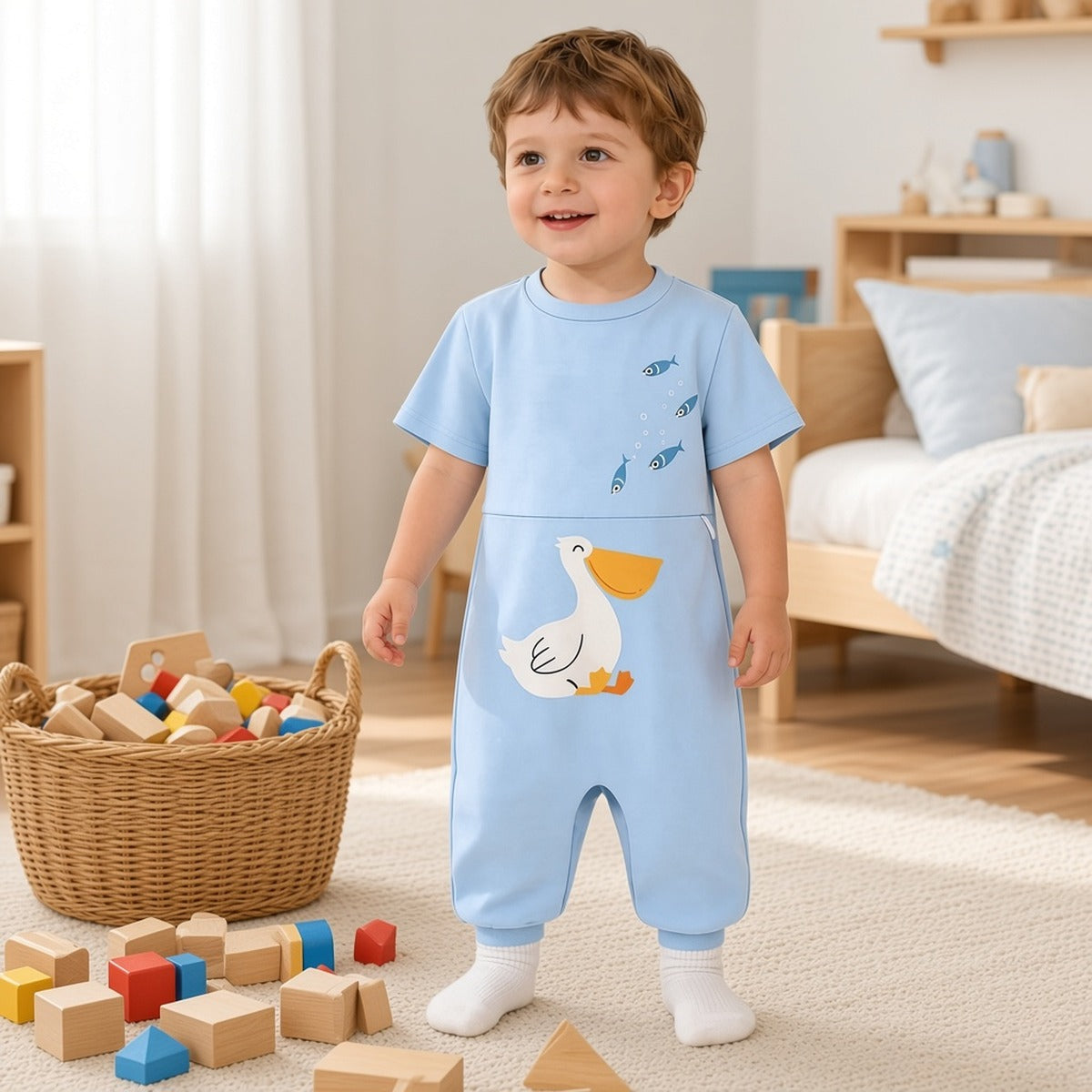 Macacão adaptativo infantil Sukha Care azul-claro com pelicano numa criança a brincar com blocos de madeira no quarto