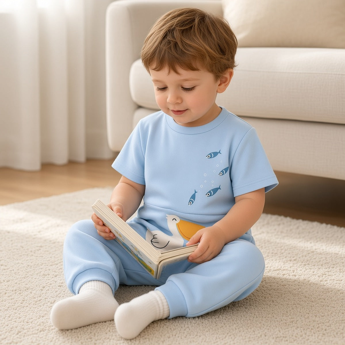 Macacão adaptativo infantil Sukha Care azul-claro com pelicano numa criança sentada no tapete a ler um livro