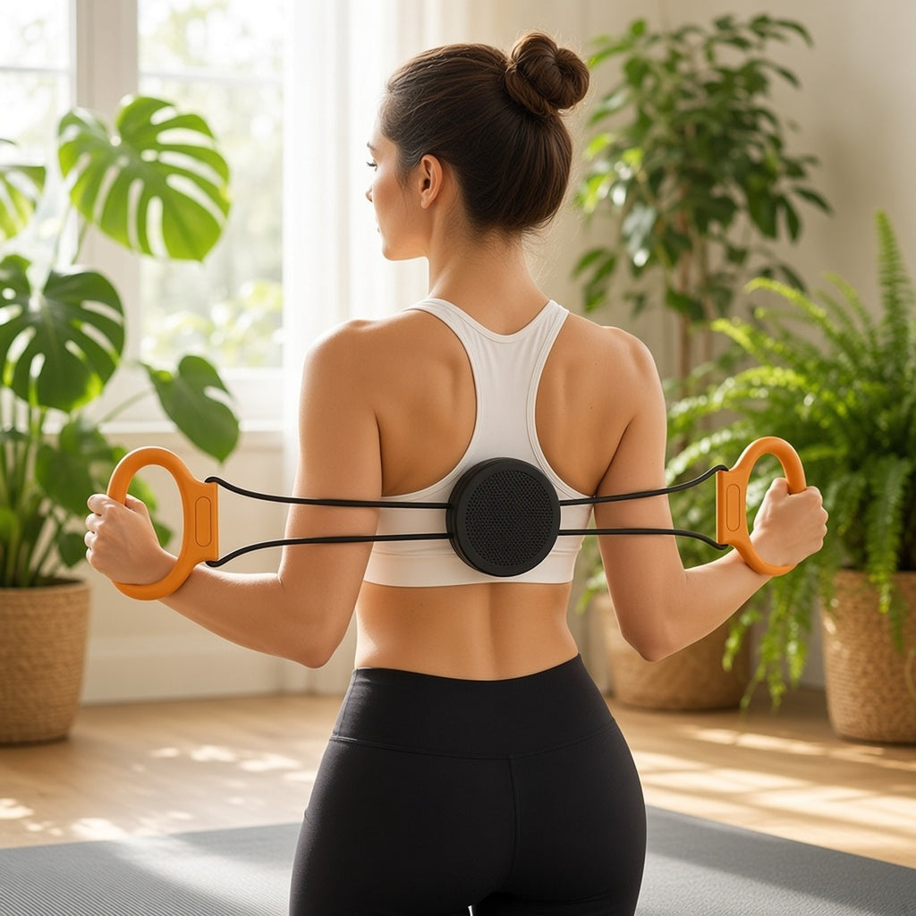 Expansor de peito e braços Prana Strength laranja puxado atrás das costas numa sala com plantas