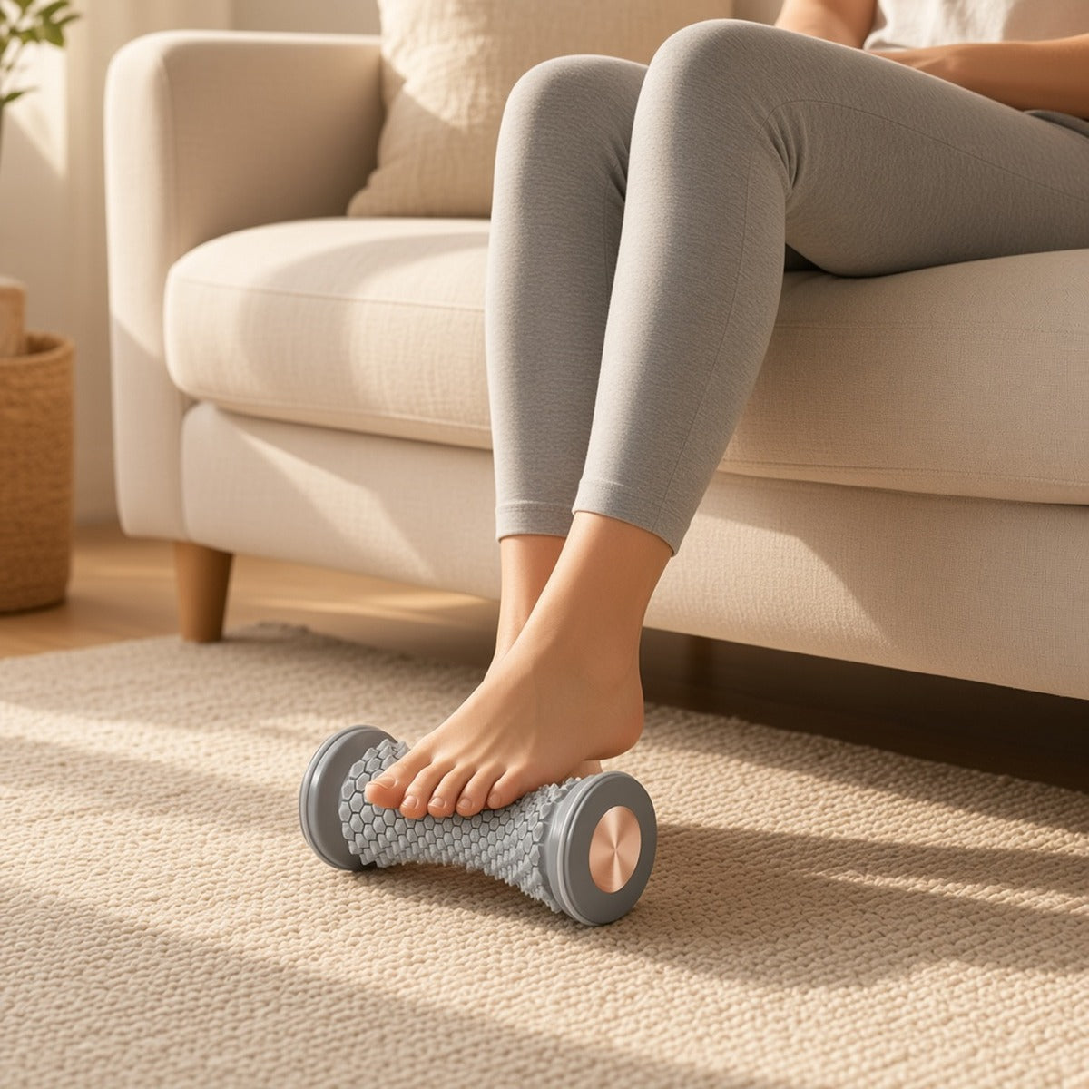 Rolo de massagem para pés Prana Roll cinzento sob o pé descalço junto a um sofá de linho