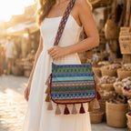 Bolsa a tiracolo Maya Nomad com borlas num mercado boho ao sol da manhã
