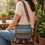 Bolsa a tiracolo Maya Nomad com borlas numa esplanada de café