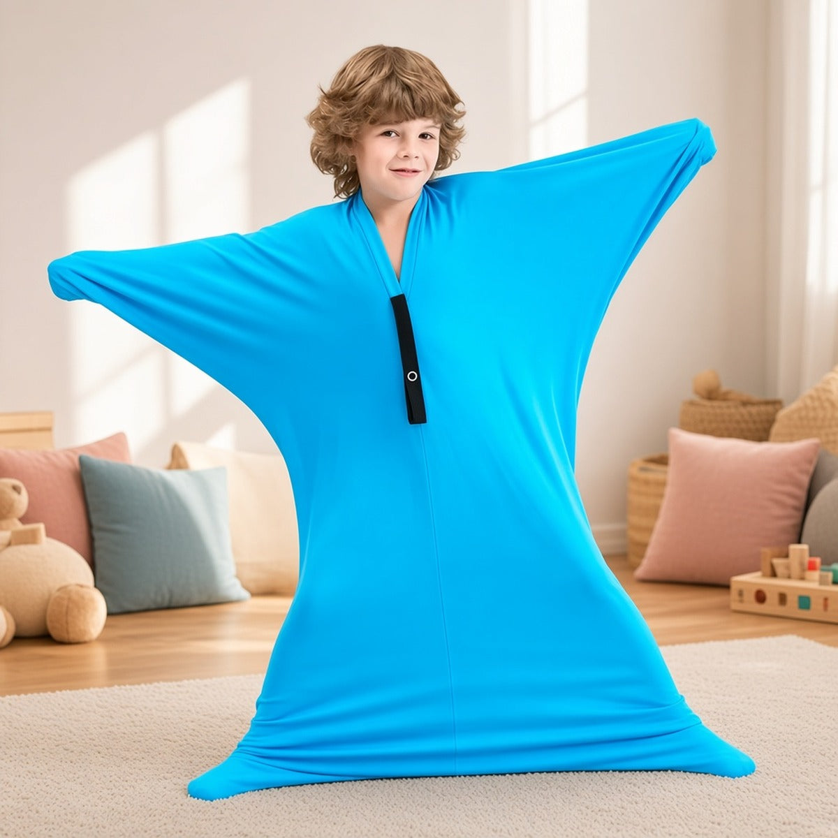 Ananda Sensory Body Sock azul-céu numa criança de pé com os braços esticados numa sala de brincar luminosa