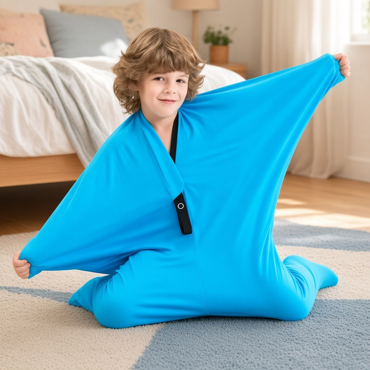 Ananda Sensory Body Sock azul-céu numa criança sentada no tapete do quarto a esticar o tecido