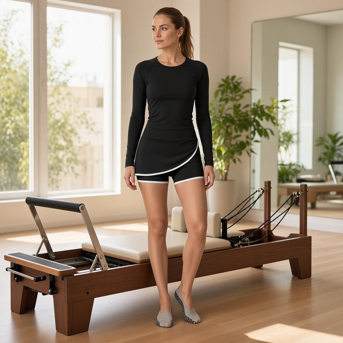 Calções Luna Edge pretos com debrum branco de pé junto a um reformer num estúdio de pilates
