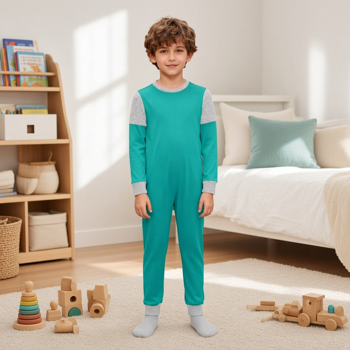 Macacão infantil Abhaya verde-água com mangas cinzentas num menino de pé num quarto luminoso com brinquedos de madeira