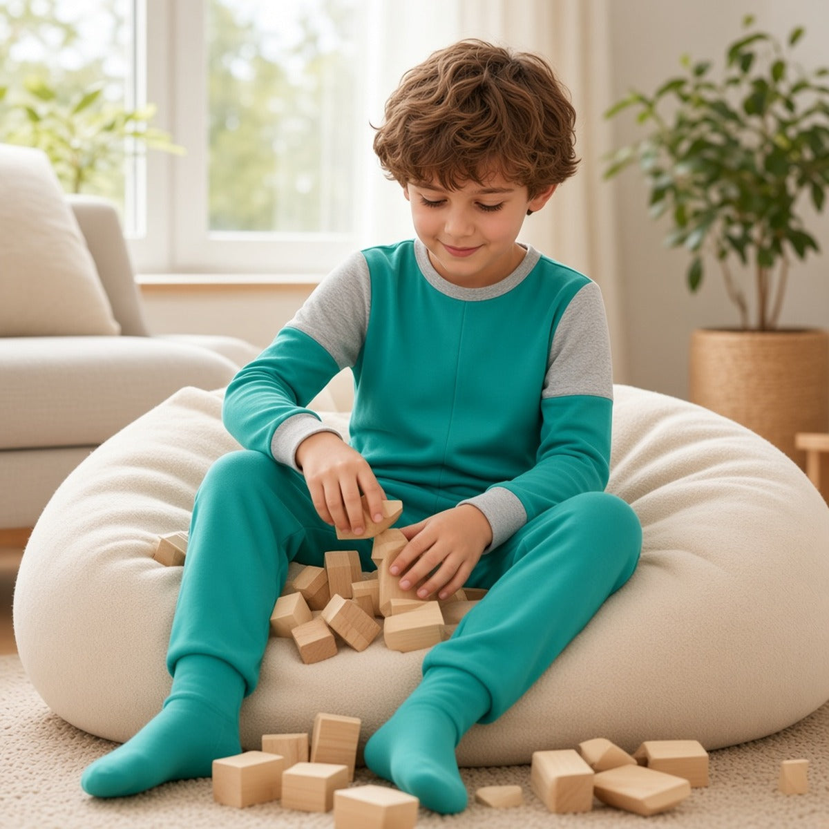 Macacão infantil Abhaya verde-água com mangas cinzentas num menino sentado num puff a brincar com blocos de madeira