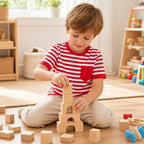 Body infantil Sukha às riscas vermelhas e brancas com bolso vermelho numa criança sentada no chão a construir com blocos de madeira