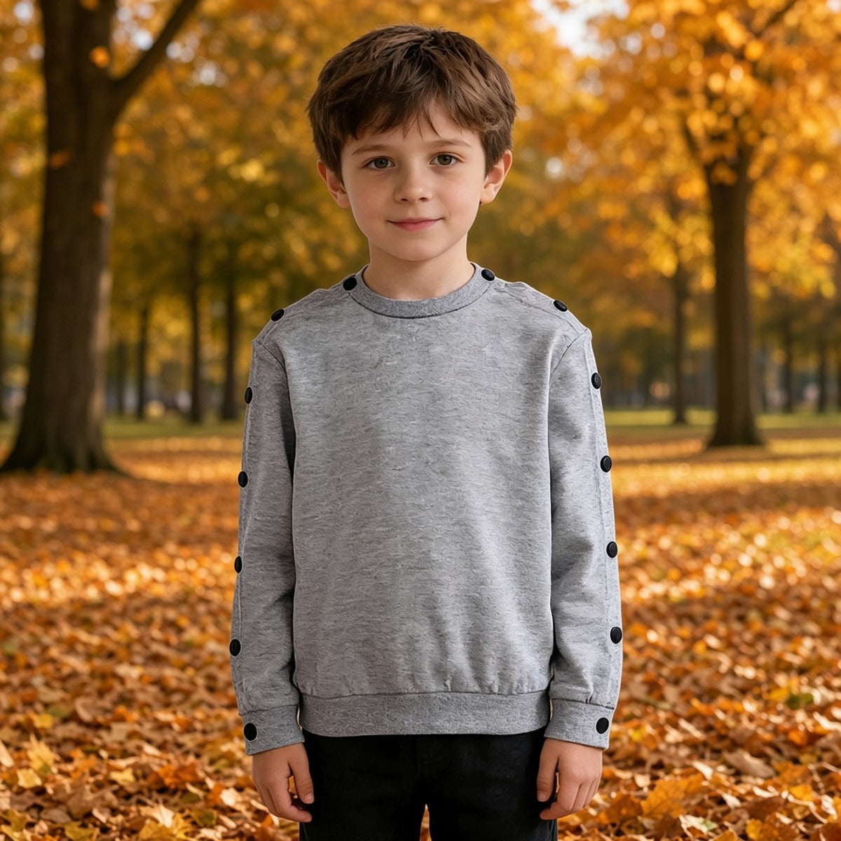 Sweatshirt adaptativa Samaya cinzenta com molas pretas nas mangas num menino de pé num parque de outono