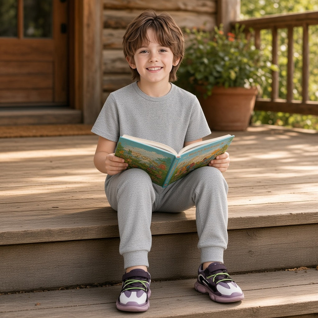 Macacão infantil Shanti cinzento comprido numa criança sentada num alpendre de madeira a ler um livro