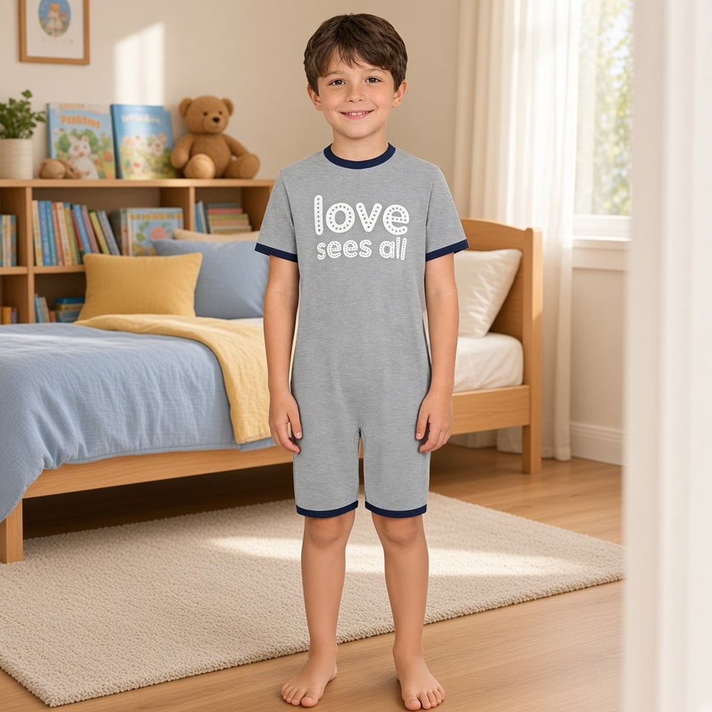 Macacão infantil Maitri cinzento com estampa «love sees all» e debrum azul-marinho num menino de pé num quarto luminoso