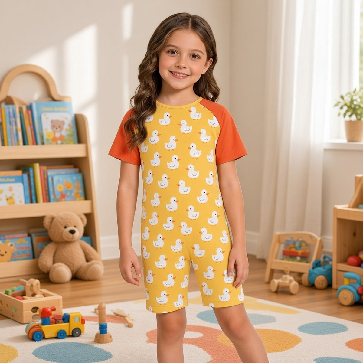Macacão infantil Ananda amarelo com patinhos e mangas laranja numa menina de pé num quarto de brincar com brinquedos