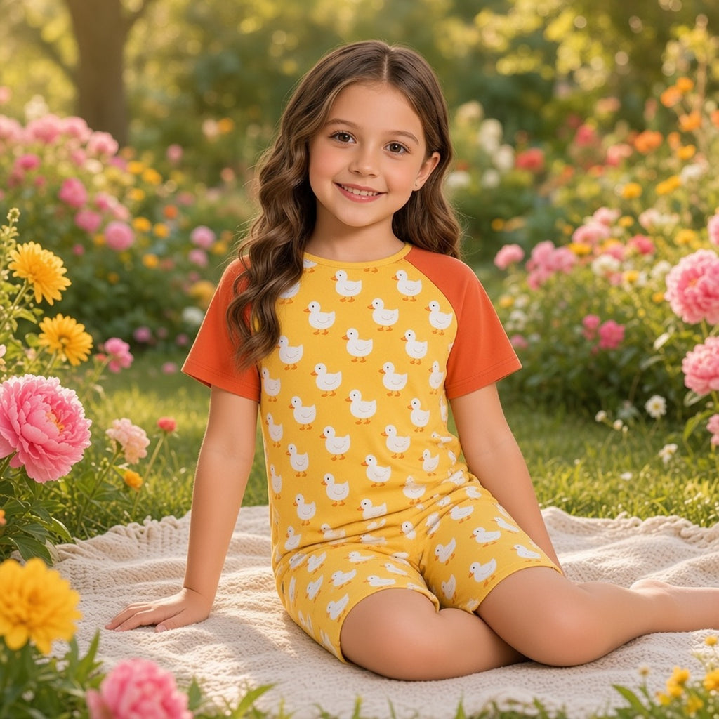 Macacão infantil Ananda amarelo com patinhos e mangas laranja numa menina sentada numa manta num jardim florido