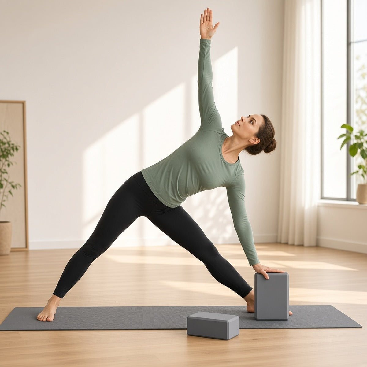 Blocos de yoga Harmony cinzentos em postura do triângulo com a mão apoiada no bloco numa sala de yoga luminosa
