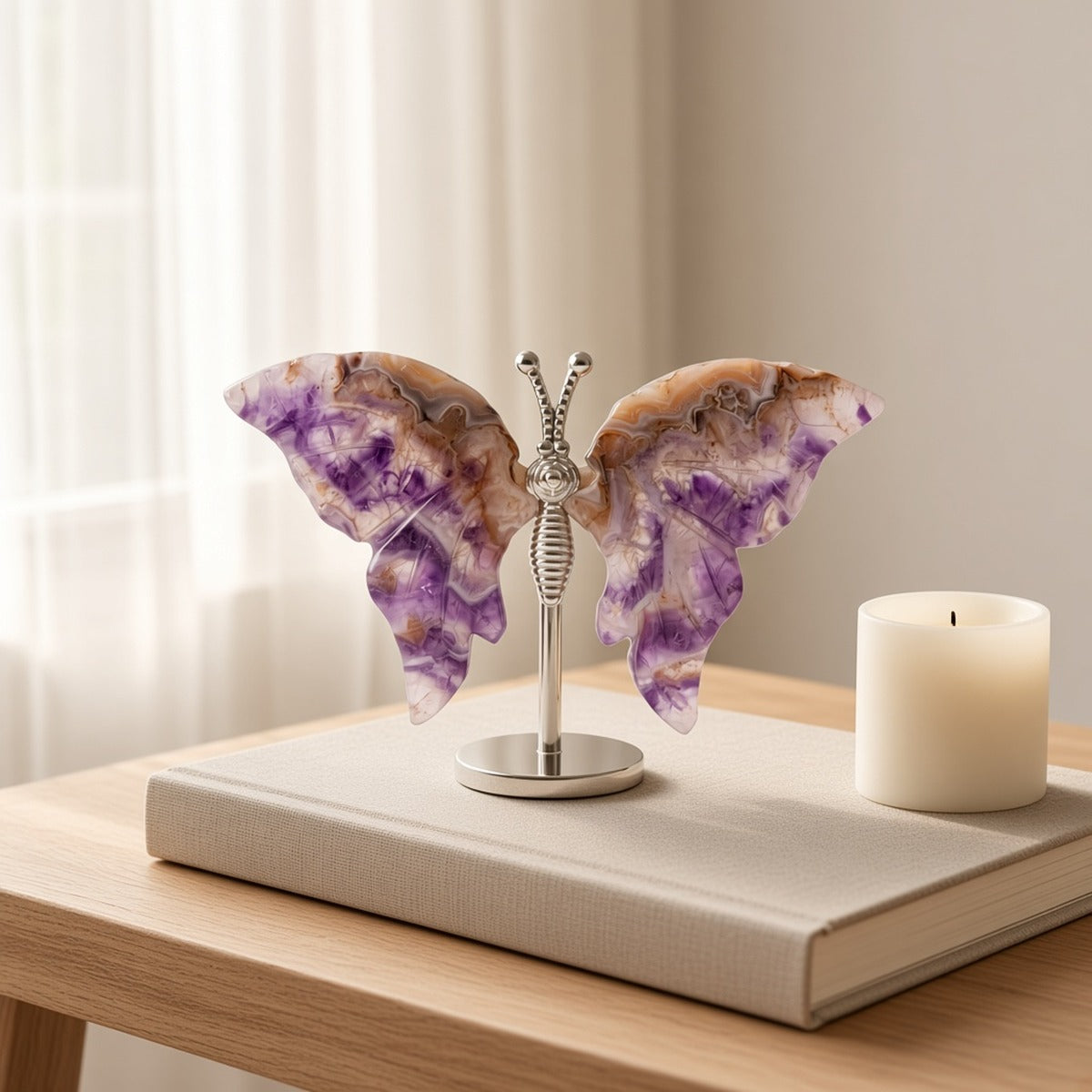Borboleta de cristal em ametista e ágata num suporte prateado sobre um livro de linho numa prateleira de madeira junto à janela com uma vela