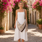 Mala Desert Soul em meia-lua de tecido estampado bege-rosado com alça entrançada com missangas e borla, usada por uma mulher de vestido de linho branco numa rua empedrada com buganvílias