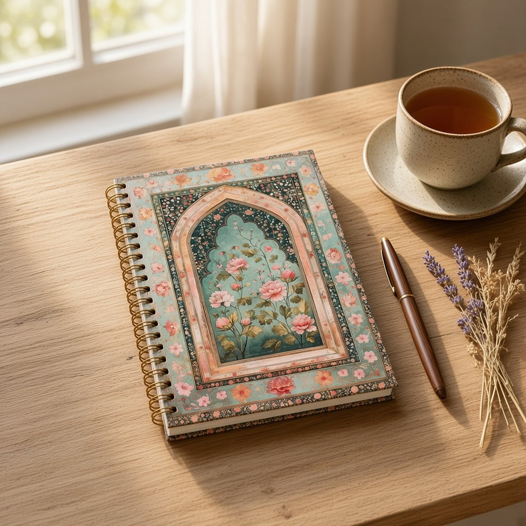 Caderno Soul Garden com capa de arco florido numa mesa de madeira junto à janela com chá, caneta e flores secas