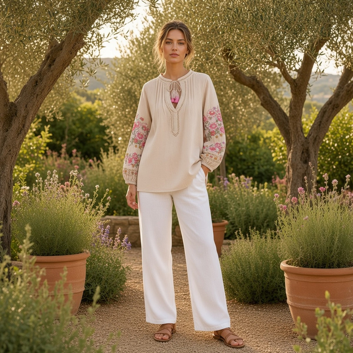 Flora Nomad Blouse – Leveza e Harmonia – lifestyle num jardim de oliveiras, blusa com bordados florais e calças brancas