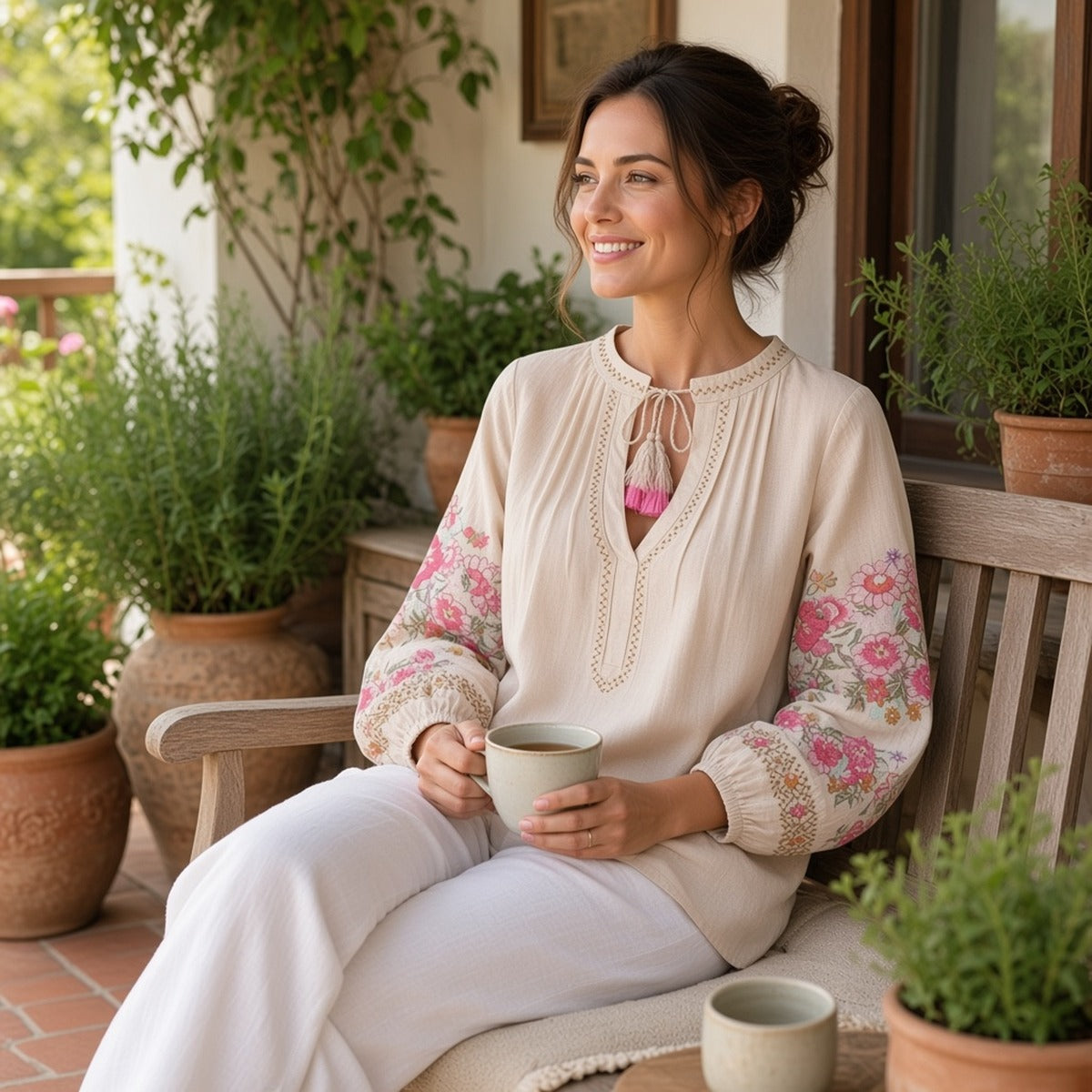 Flora Nomad Blouse – Leveza e Harmonia – lifestyle sentada num banco de jardim com uma chávena, blusa com bordados florais