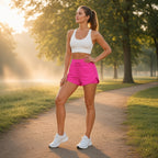 Petal Flow Shorts – Feminilidade e Movimento – lifestyle num caminho de parque ao nascer do sol, calções cor-de-rosa