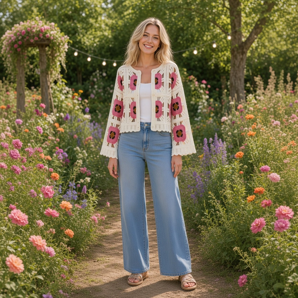 Flora Grace Blouse – Feminilidade Natural – lifestyle num jardim florido, blusa de croché com flores cor-de-rosa