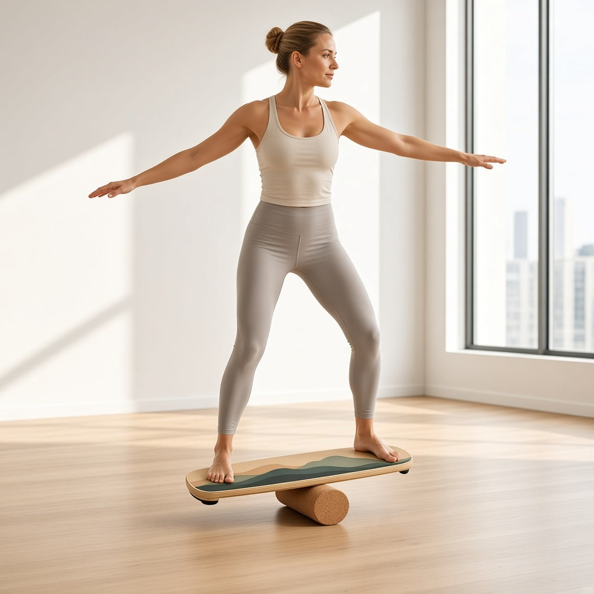 Balance Flow Board – Equilíbrio e Movimento – lifestyle numa sala de treino luminosa, equilíbrio na prancha com os braços abertos