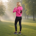 Nimbus Flow Hoodie – Conforto e Movimento – lifestyle num parque ao amanhecer, hoodie cor-de-rosa vista de costas com abertura nas costas