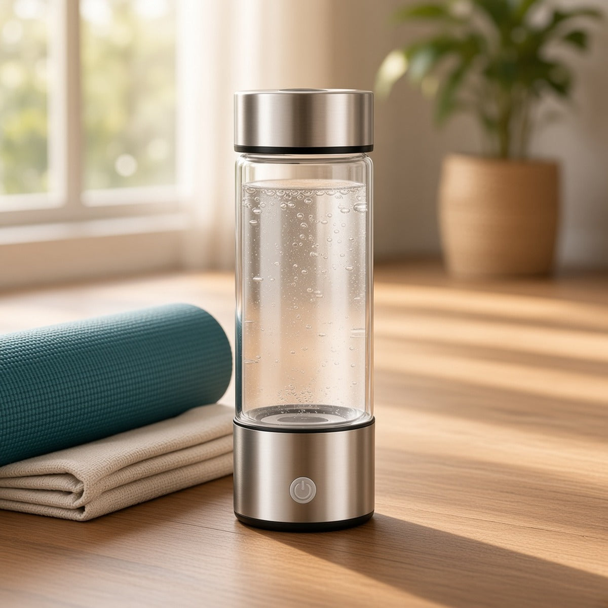 Nirvana Flow – Hidratação e Serenidade – lifestyle numa mesa de madeira junto à janela, com tapete de yoga enrolado e toalha de linho