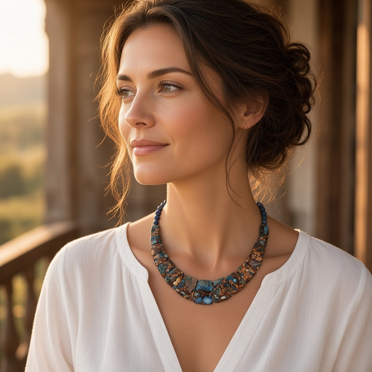 Jaspe Imperial Flow – Energia e Equilíbrio – lifestyle retrato junto a uma janela, colar de jaspe imperial com blusa branca