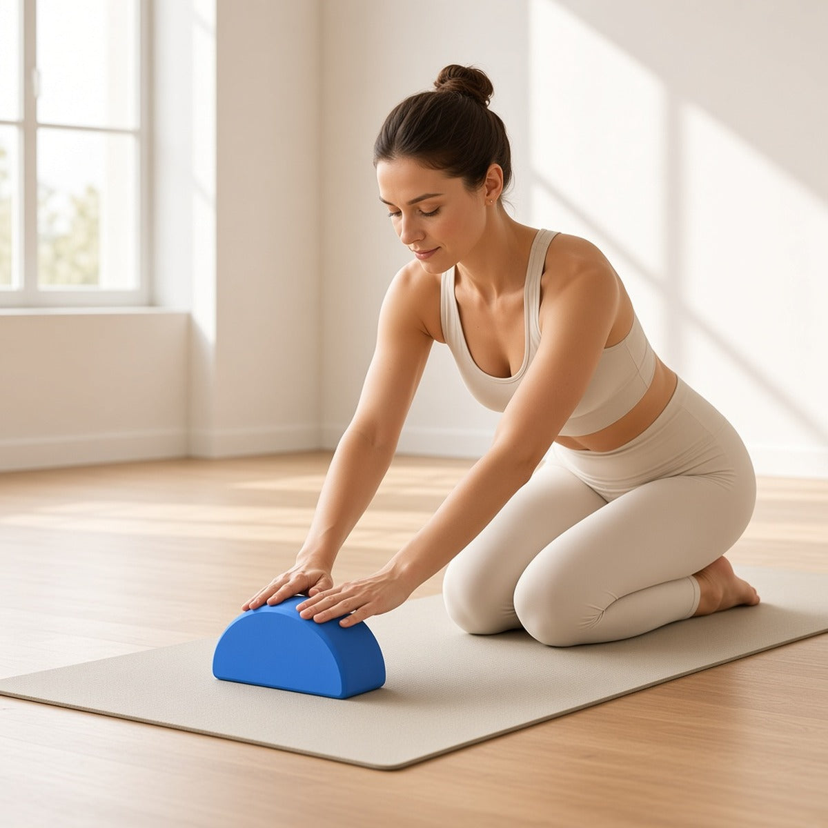 Balance Arc Block – Estabilidade e Movimento – lifestyle numa sala luminosa, mulher ajoelhada no tapete com as mãos sobre o bloco azul
