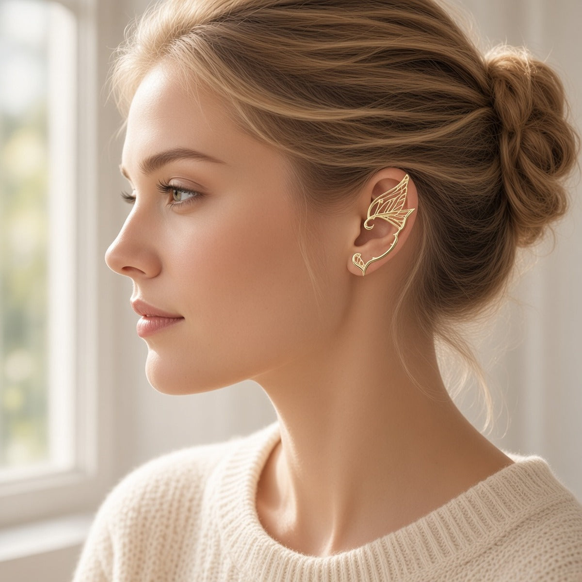 Elven Grace – Elegância Mística – lifestyle retrato de perfil numa sala luminosa, ear cuff dourado na orelha