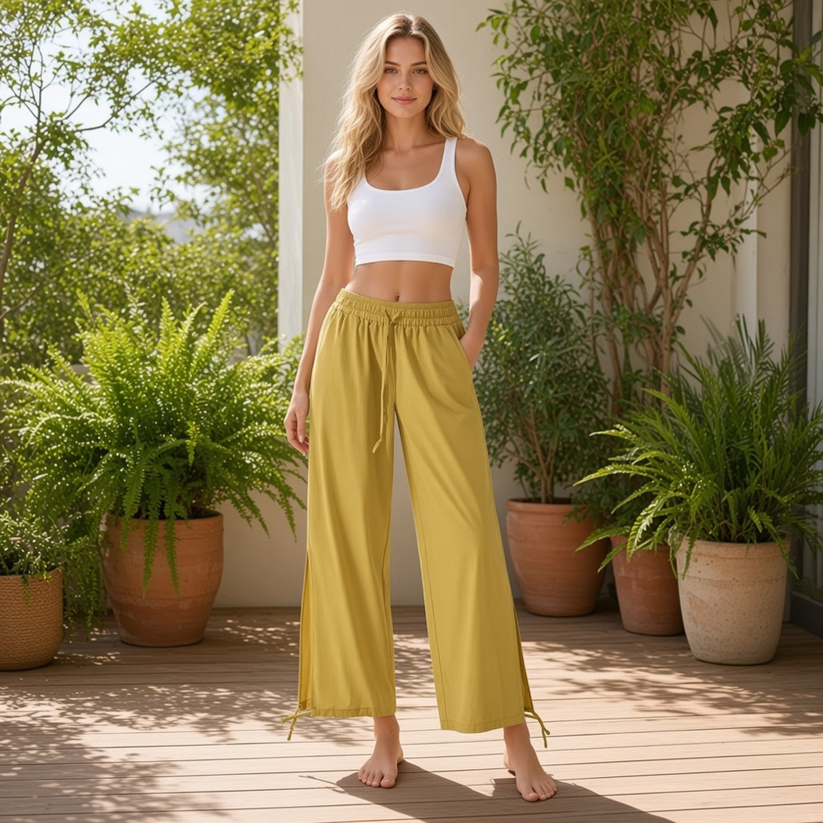 Prana Freedom Pants – Liberdade e Equilíbrio – lifestyle num pátio com plantas, calças amarelas de perna larga e top branco