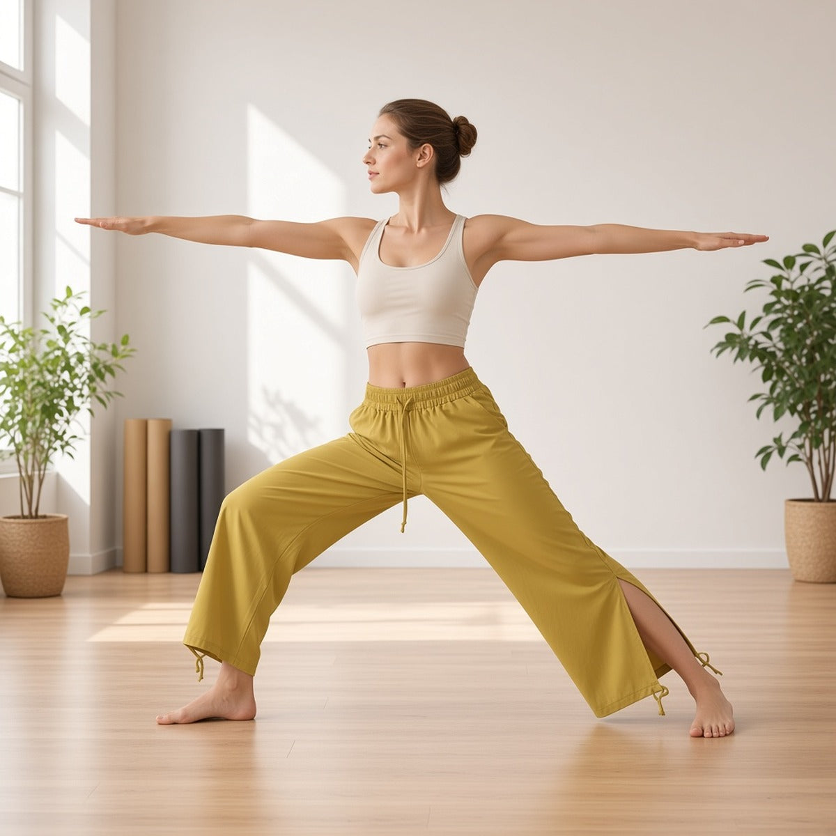 Prana Freedom Pants – Liberdade e Equilíbrio – lifestyle num estúdio de yoga, postura de guerreiro com calças amarelas de perna larga