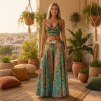 Ravi Set — Alma Tribal em Movimento – lifestyle num terraço boho com plantas, conjunto de top e calças largas com estampa tribal, corpo inteiro