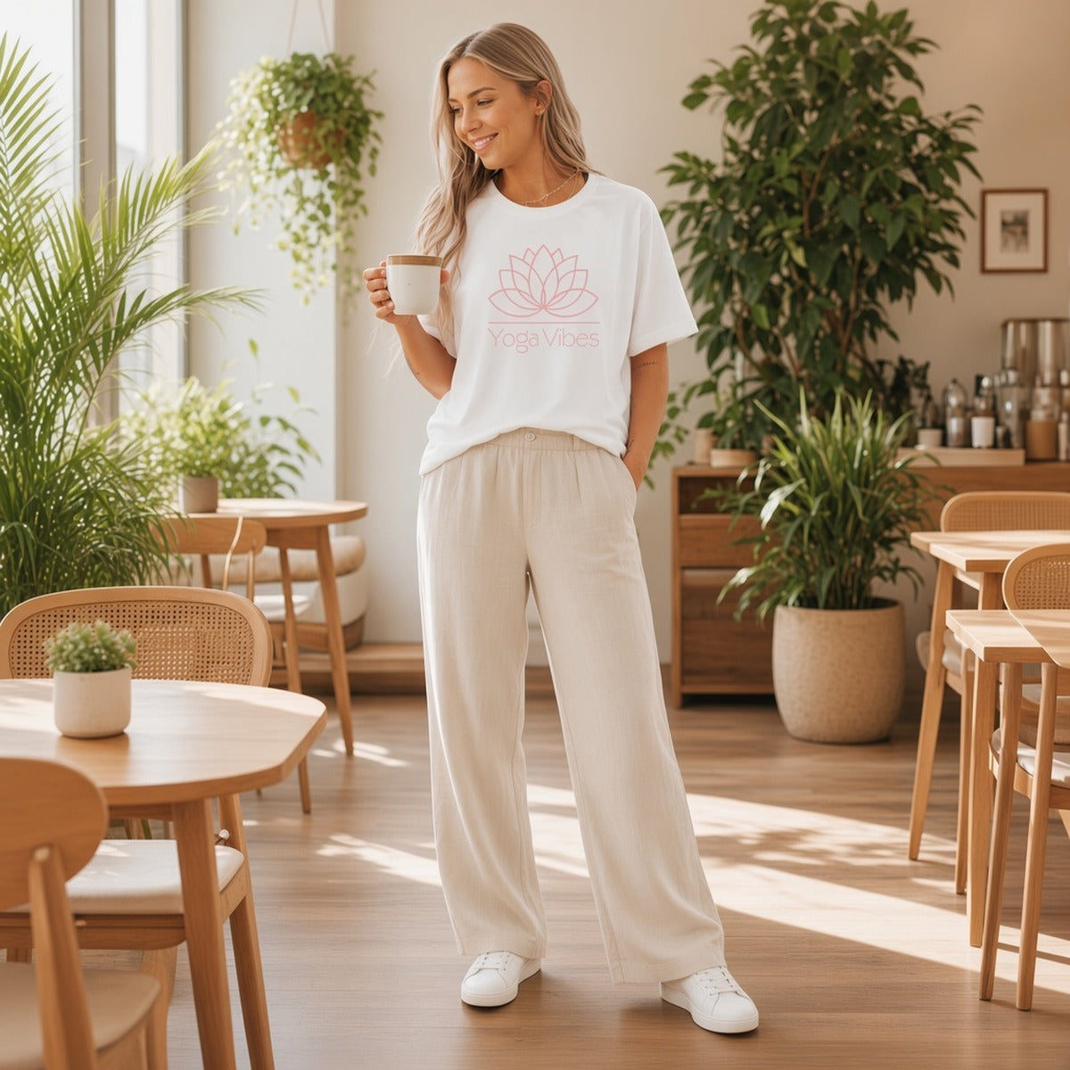 Yoga Vibes T-Shirt – Leveza e Energia Positiva – lifestyle num café, t-shirt branca com estampa cor-de-rosa e calças claras