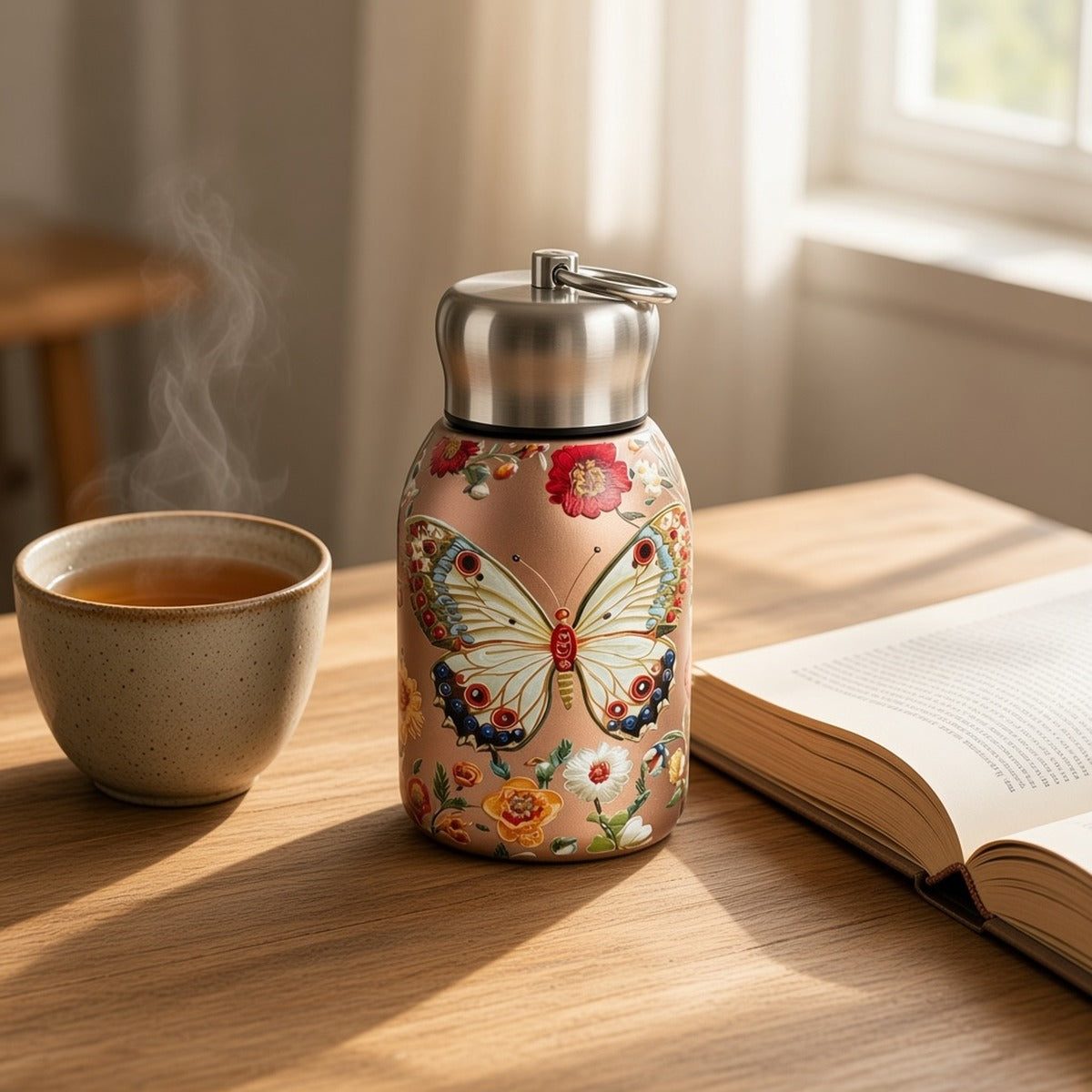Amrita Thermal Bottle – Energia e Renovação Natural – lifestyle numa mesa de madeira junto à janela, garrafa térmica com estampa de borboletas ao lado de uma chávena de chá e um livro