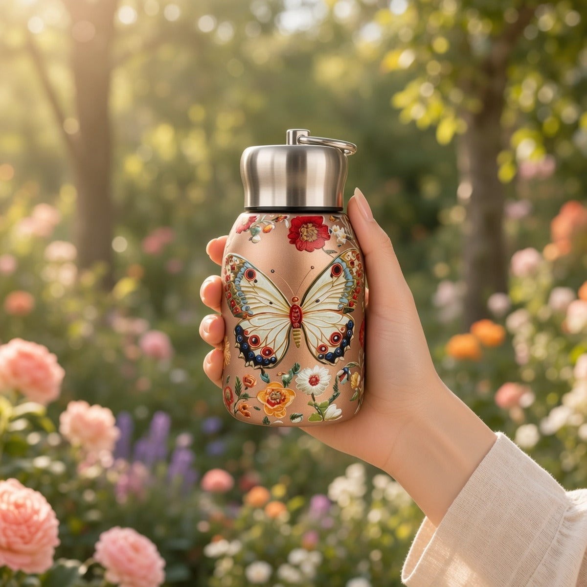 Amrita Thermal Bottle – Energia e Renovação Natural – lifestyle num jardim florido, garrafa térmica com estampa de borboletas segura na mão