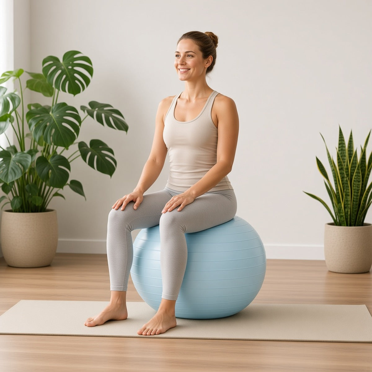 Mother Flow Ball – Equilíbrio e Bem-Estar Natural – lifestyle numa sala luminosa, mulher sentada na bola azul-clara