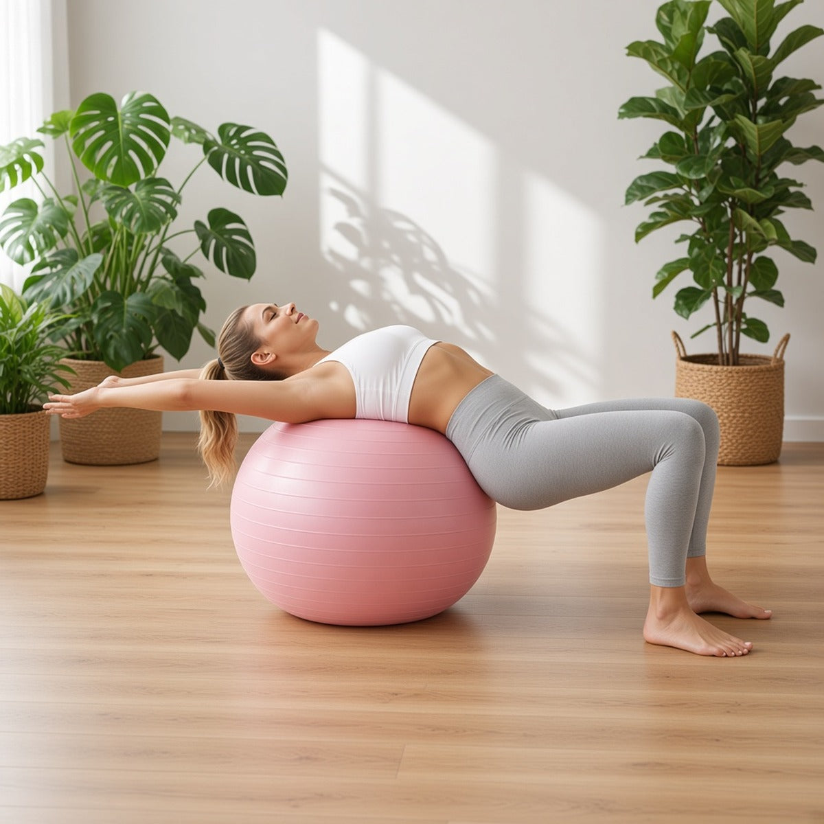 Mother Flow Ball – Equilíbrio e Bem-Estar Natural – lifestyle numa sala luminosa, alongamento das costas sobre a bola cor-de-rosa
