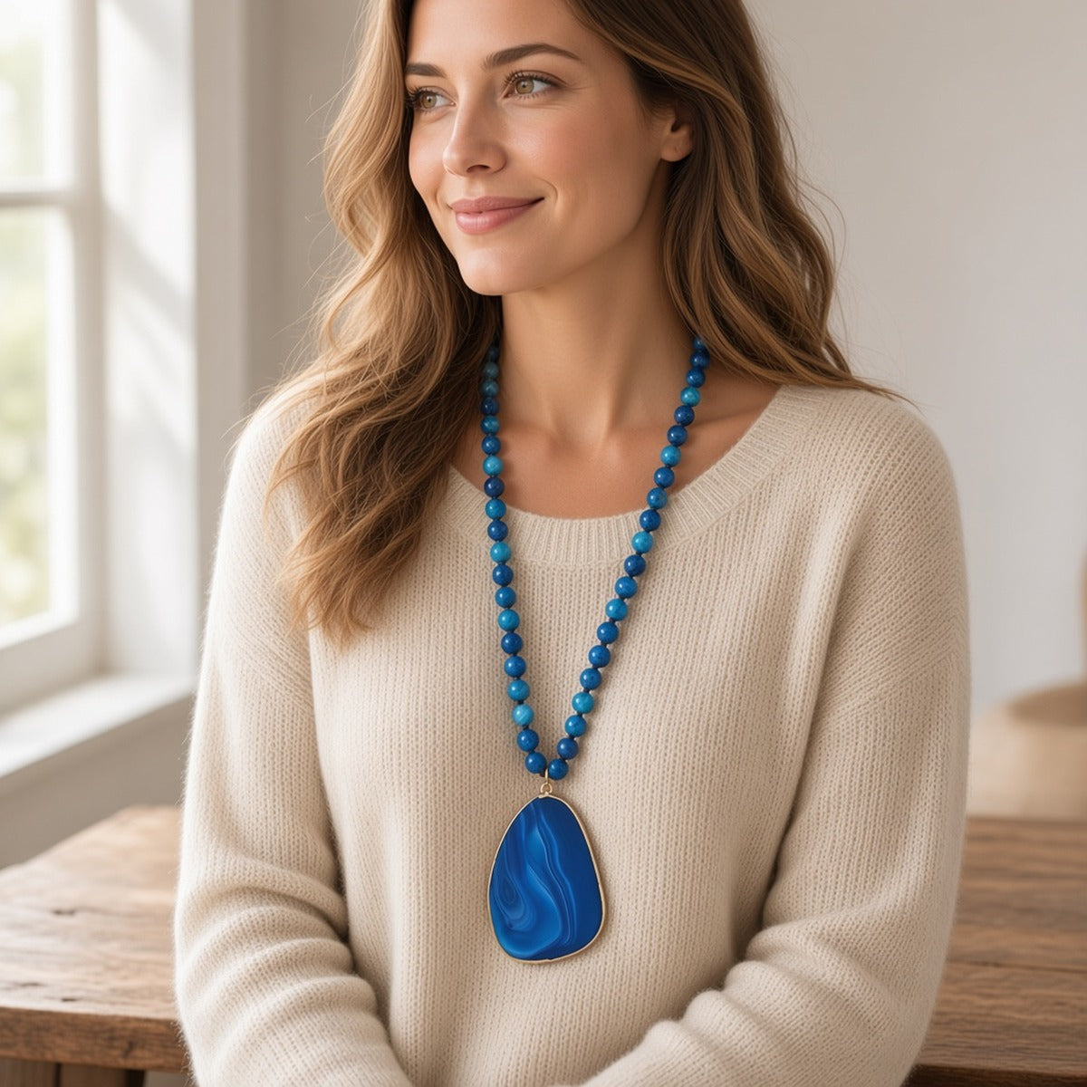Nature Flow Necklace – Colar Boho com Pedras Naturais – lifestyle junto à janela com camisola de malha