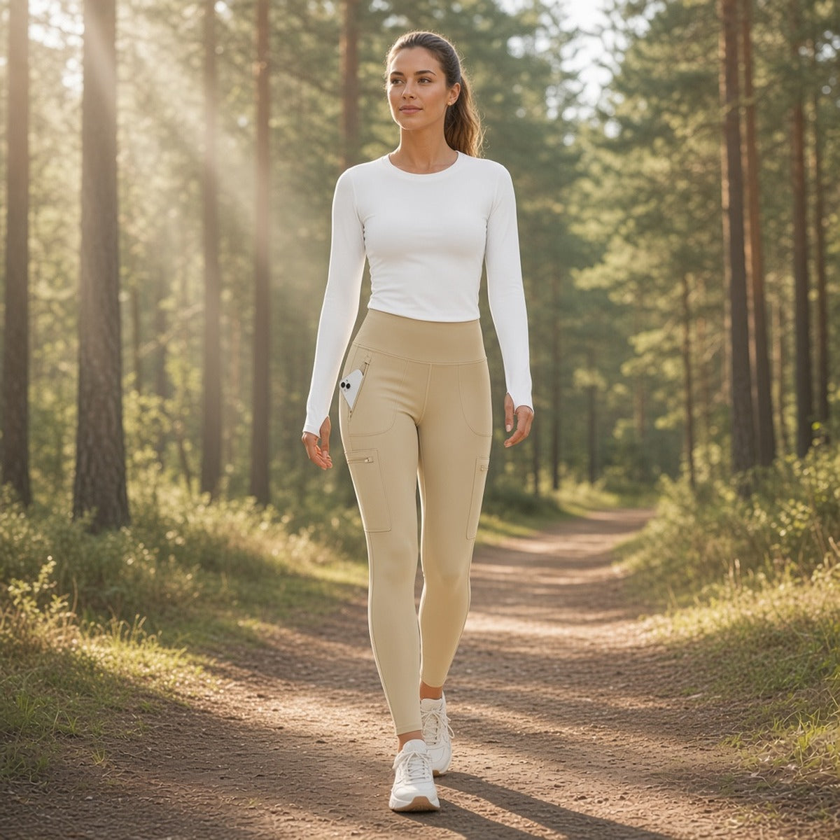 Leggings Inner Path Cargo – Caminhar com Confiança – lifestyle a caminhar num trilho de pinhal
