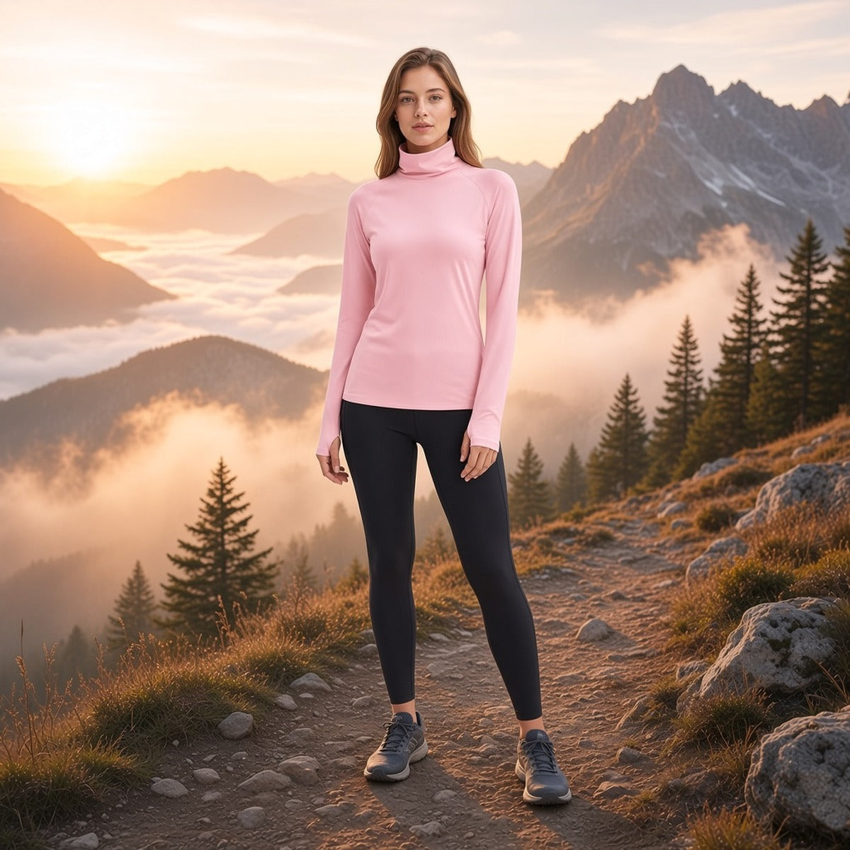 Lunar Warmth – Gola Alta e Conforto Feminino – lifestyle num trilho de serra ao amanhecer