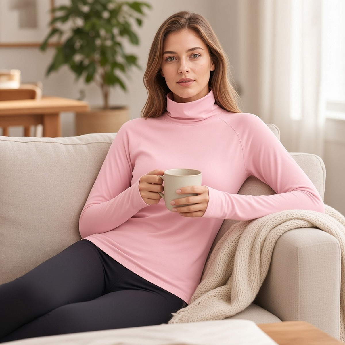 Lunar Warmth – Gola Alta e Conforto Feminino – lifestyle no sofá com uma caneca