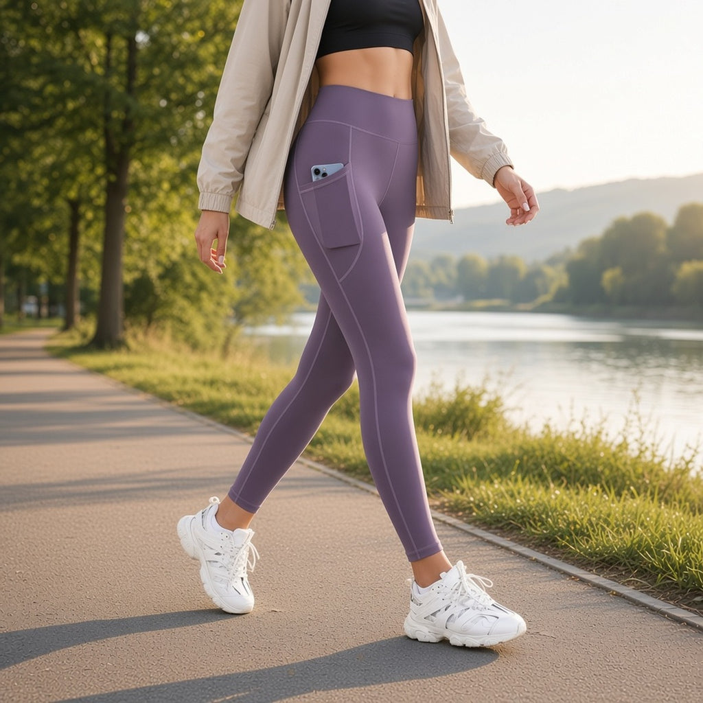 Leggings Femininas de Yoga Esticáveis com Bolsos – lifestyle caminhada à beira-rio