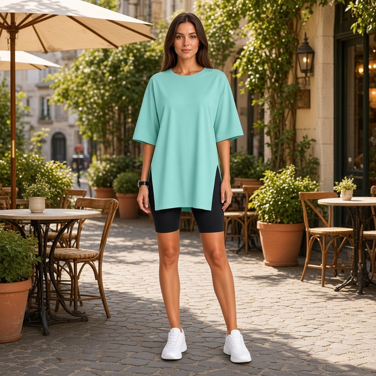 Shlama Serenity Blouse — Paz e Elegância em Movimento – lifestyle numa esplanada de café ao sol