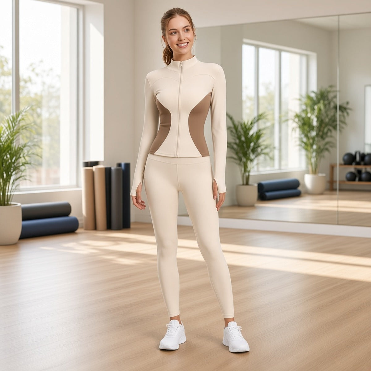 Casaco Atma Align – Corpo Presente, Espírito Livre – lifestyle em estúdio de yoga com chão de madeira clara
