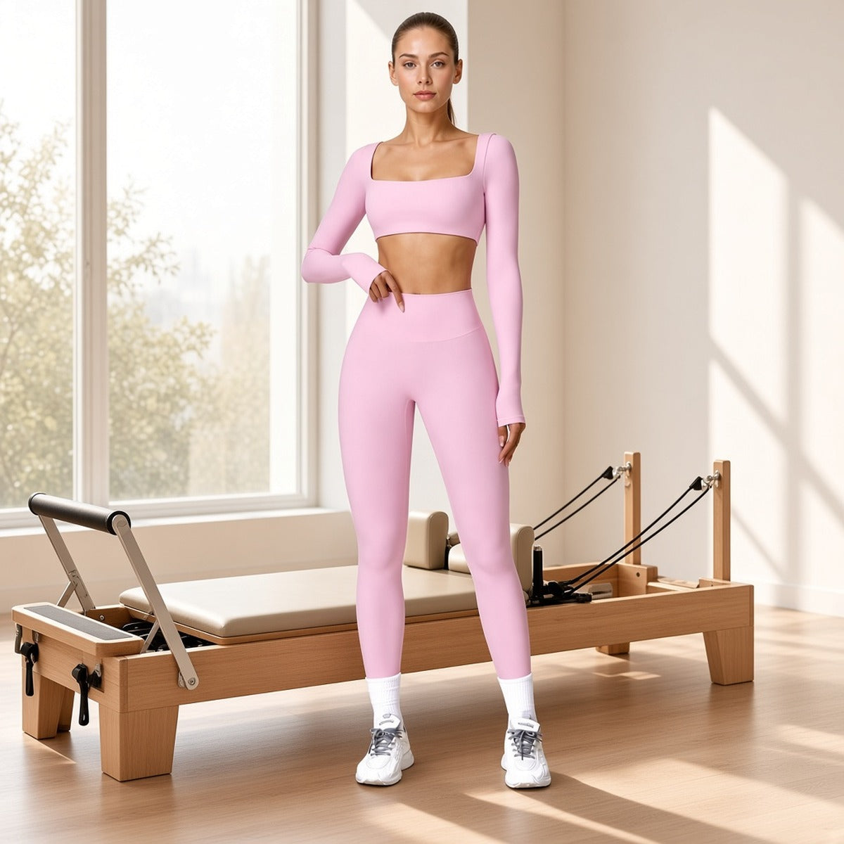 NirvaFit – Calças Slim de Yoga para Energia e Estilo Natural – lifestyle em estúdio de pilates