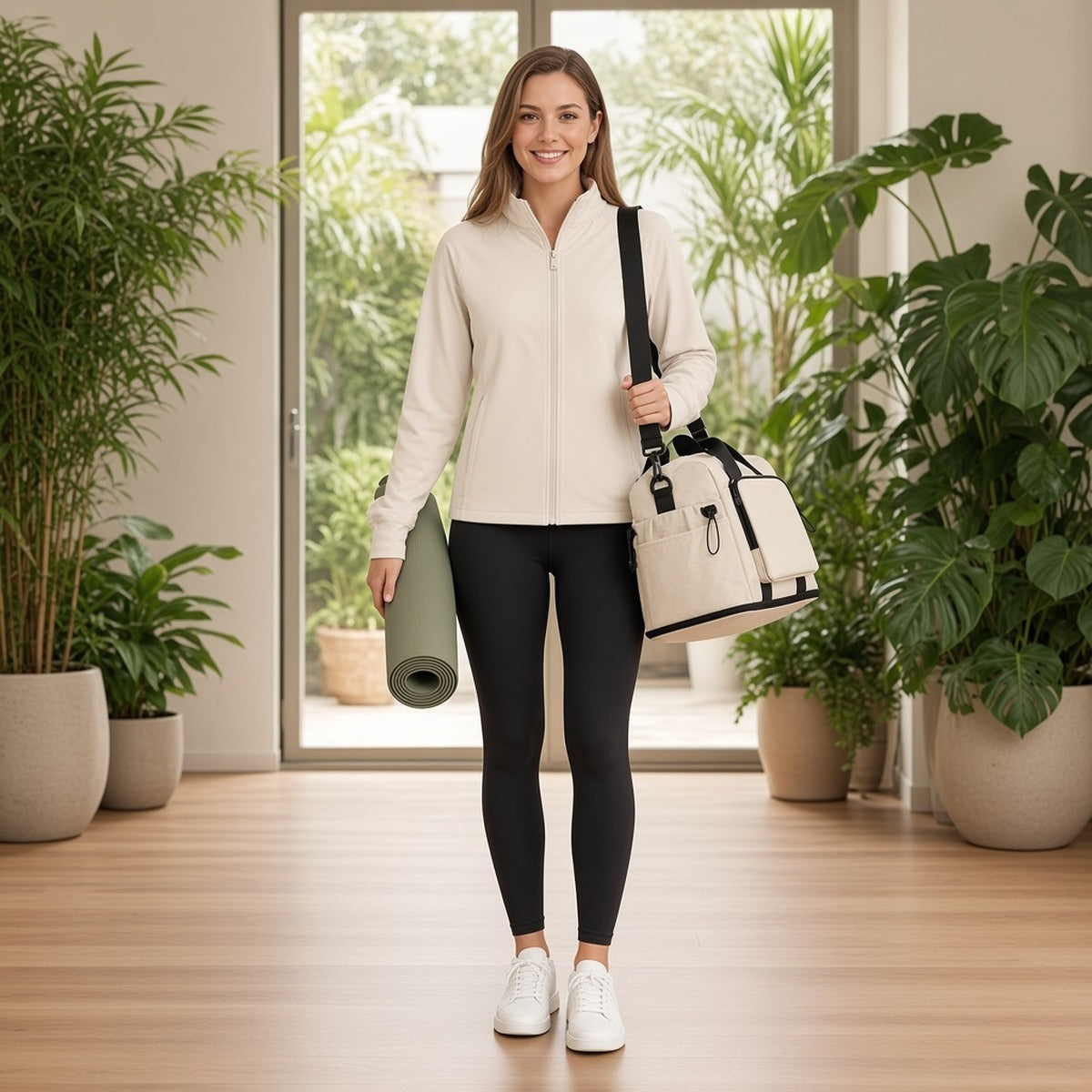 Saco Weekender Flow – Mobilidade e Elegância Funcional – lifestyle à entrada do estúdio de yoga